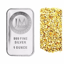 1 TROY OZ .999 SILVER JM BULLION BAR BU + 50 PIECE ALASKAN PURE GOLD NUGGETS