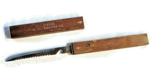 Vintage Warco Floating Fish Knife Wood Case Bob Derden Pearl Distributing Co. Ad