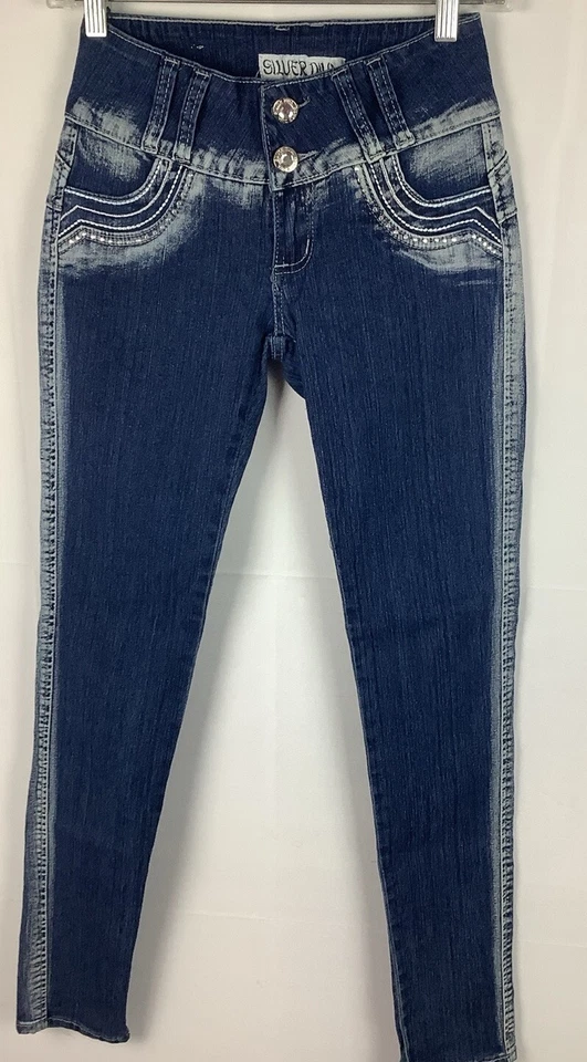 Pantalones de mezclilla Levanta Cola plateados para mujer elásticos push-up estilo colombiano, talla 3 Foto 3 de 4