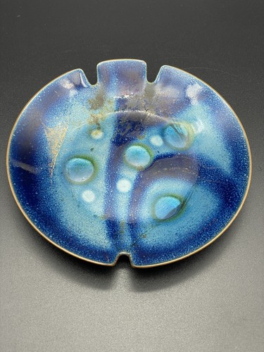 Sascha Brastoff Copper Enamel Trinket Dish Ash Tray Royal Blue Abstract Fish 5X5 - Picture 5 of 8