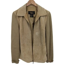 VTG Y2K Women’s L Tan Suede Leather Jacket Ribbed Knit Sleeves Zip