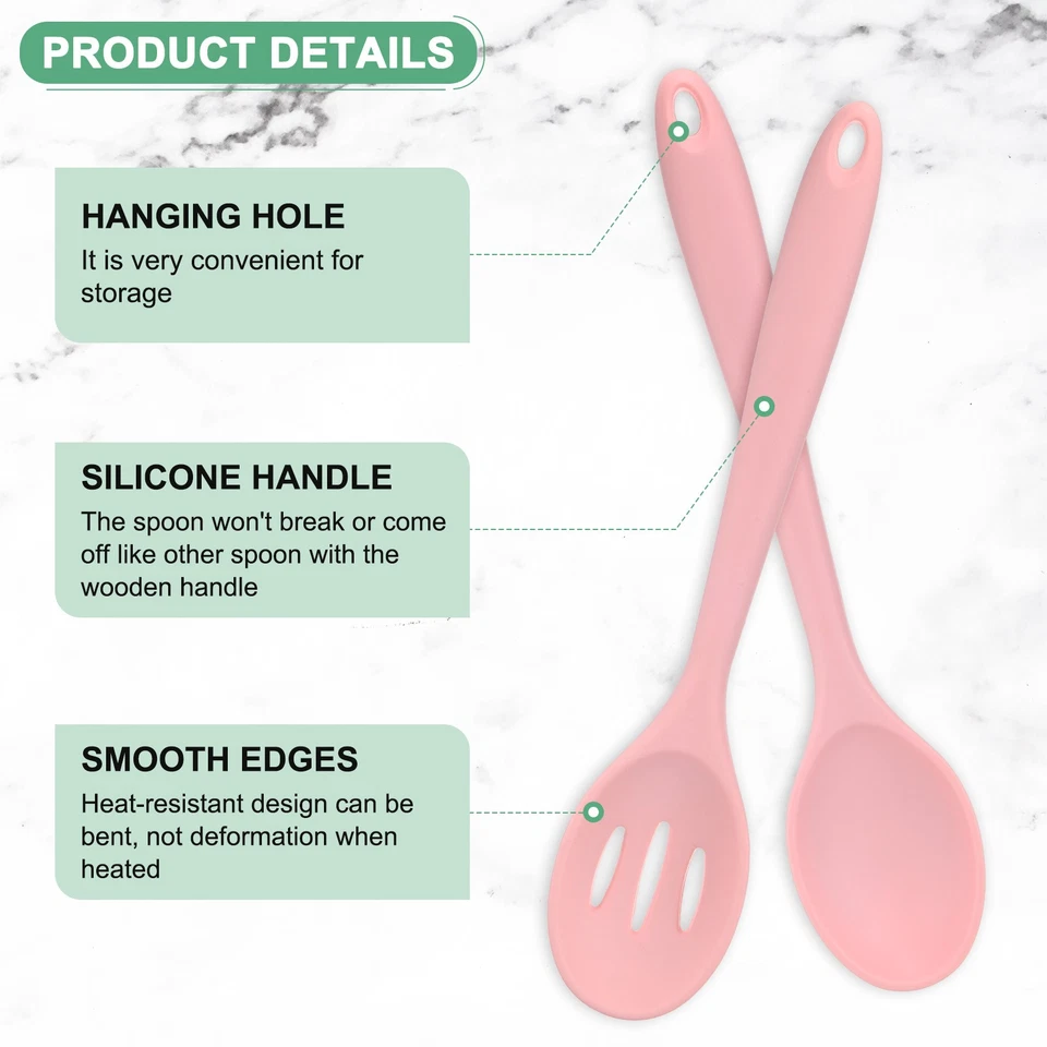2 件装硅胶勺子用于烹饪,10.6 英寸开槽和实心汤匙 [粉红色] — 第 2/4 张图片