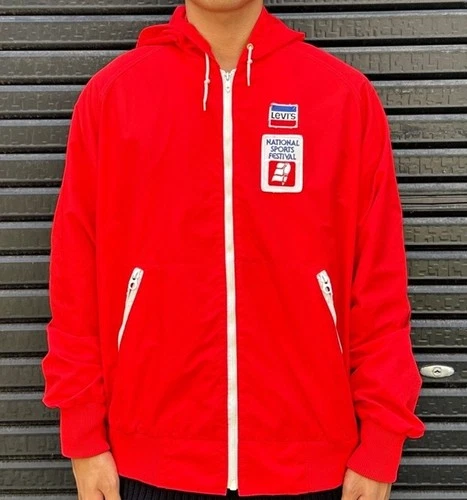 Vintage 60s Levis Hooded National Sports Festival Jacket Light Windbreaker M Red - product listing photo