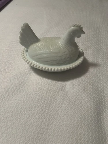 Vintage Indiana Glass White Milk Glass Hen on Nest, Candy Dish Beaded 7.25"