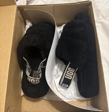 UGG Fluff Yeah Slide Slippers Black Red Fur Logo Strap Women's Size 8 Slip-On