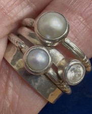 Sterling Silver Pearl CZ Band Stacking Rings 4 