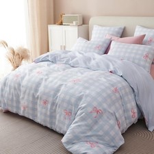 Blue Plaid Comforter Set Full Size - Pink Bow Quilt Bedding Set 3 Pieces, Gingha
