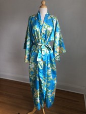 STUNNING VTG JAPANESE Kimono Robe Silky Blue Floral Zip-up Belted SZ M/L