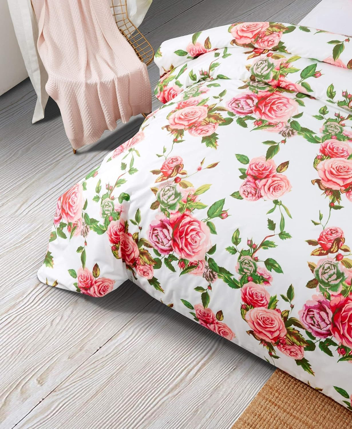 Romantic Roses Floral Duvet Cover Set - Lovely Spring Garden Pink W/Pillow Cases