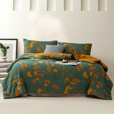 100 Cotton Muslin Jacquard Comforter Set, Floral Ginkgo Leaves Print, Soft Ligh