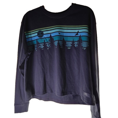 Life Is Good Tree Striped SKY Long Women Large Long Sleeve T-Shirt D. Blue NEW
