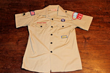 Boy Scouts of America BSA Youth Shirt Tan Large Sewn Patches Short Sleeve