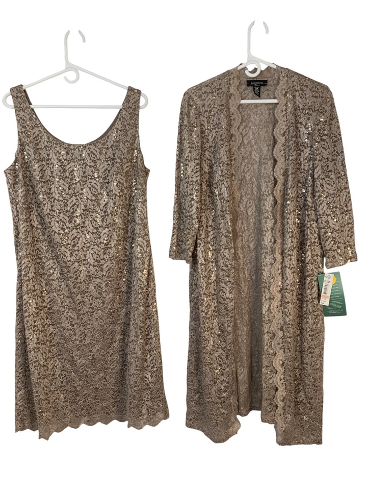 NUEVO CON ETIQUETAS R&M Richards Champagne Encaje Brillante Vestido Cárdigan Conjunto Talla 14W RD10599 Foto 3 de 4