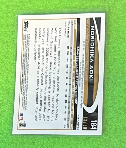 Norichika Aoki 2012 Topps Cromo 184 RC Oro Rifrattore 23/50 - Foto 2 di 2