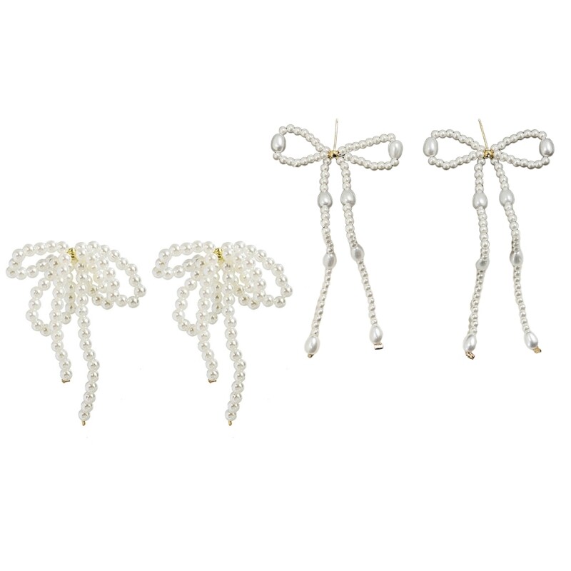Imitation Pearl Bowknot Tassel Stud Earrings for Women Elegant Design
