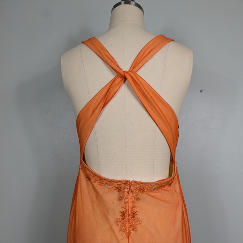 Vintage Niki Livas Prom Dress Maxi Gown 12 Orange Fairy 90s Y2K Mesh Bead - Picture 5 of 12