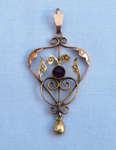 ART NOUVEAU 9CT ROSE + YELLOW GOLD AMETHYST SEED PEARL LAVALIER PENDANT - 2.3g - Picture 7 of 18