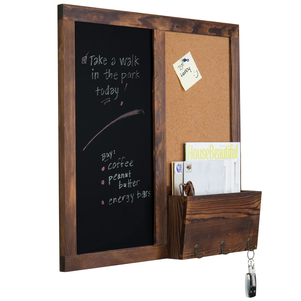 Темно-коричневая деревянная настенная доска с пробковой доской, почтовым сортировщиком и крючками для ключей - Изображение 3 из 4