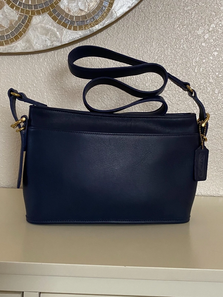 Vintage Coach Equestrian Slim Crossbody Shoulder Bag Navy Blue Leather 9802