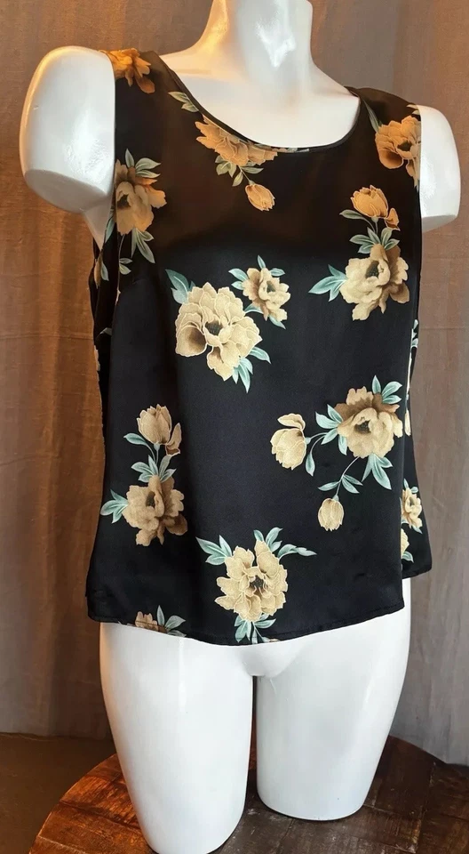 Kate Hill Silk Top Satin Black Tank Sleeveless Size 8 Floral Roses - Image 2 of 4
