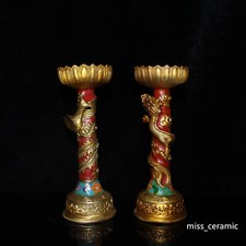 Coppia candelabri oro drago fenice drago cloisonne xuande bronzo 6" vecchia dinastia 