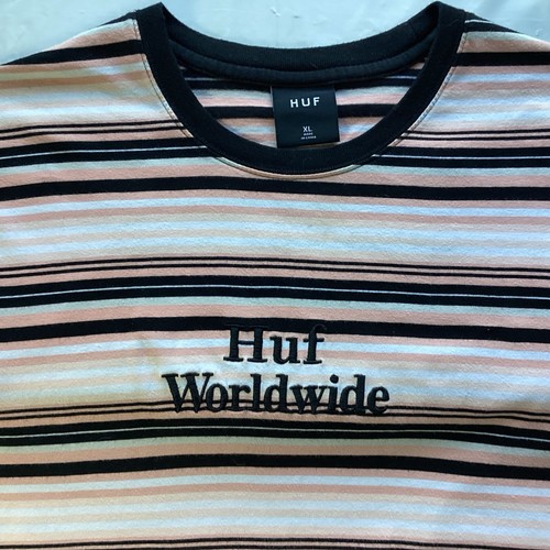 Huf Worldwide Embroidered Striped T-Shirt Short Sleeve XL Pink/black/White Crew - Picture 7 of 18