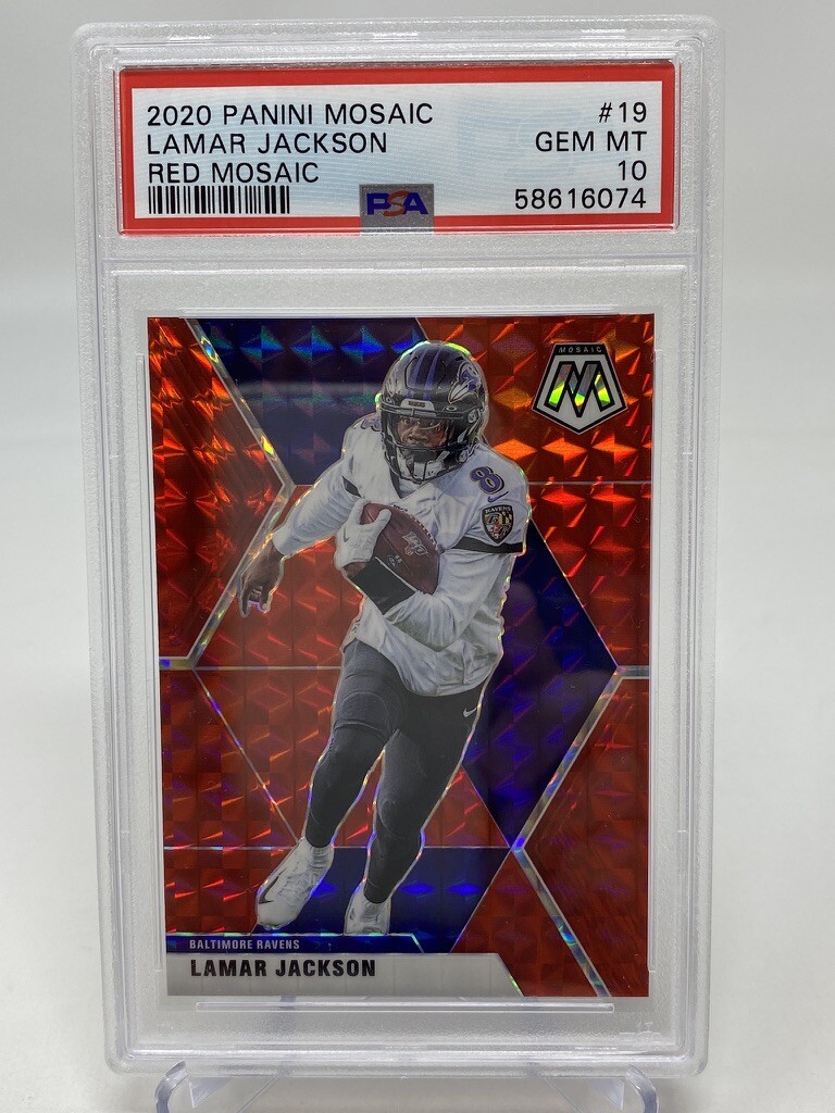 2020 Panini Mosaic #19 Lamar Jackson Red Mosaic - PSA 10 view 2