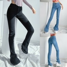 Pantaloni Svasati Donna Jeans Denim A Campana Alta Vita Casual Vintage