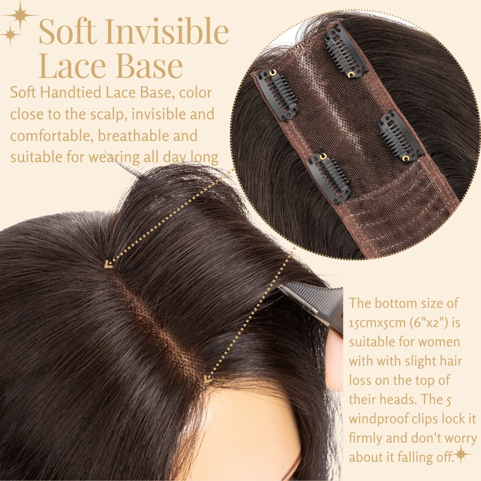 SIDE PART Clip In Topper Toupee Hairpiece Top 100% Human Hair Piece Lace Base US - Image 2 of 4