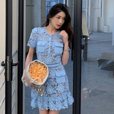 French Style Women's Lace Slim Short Sleeve Round Neck Short Dress A Line Summer