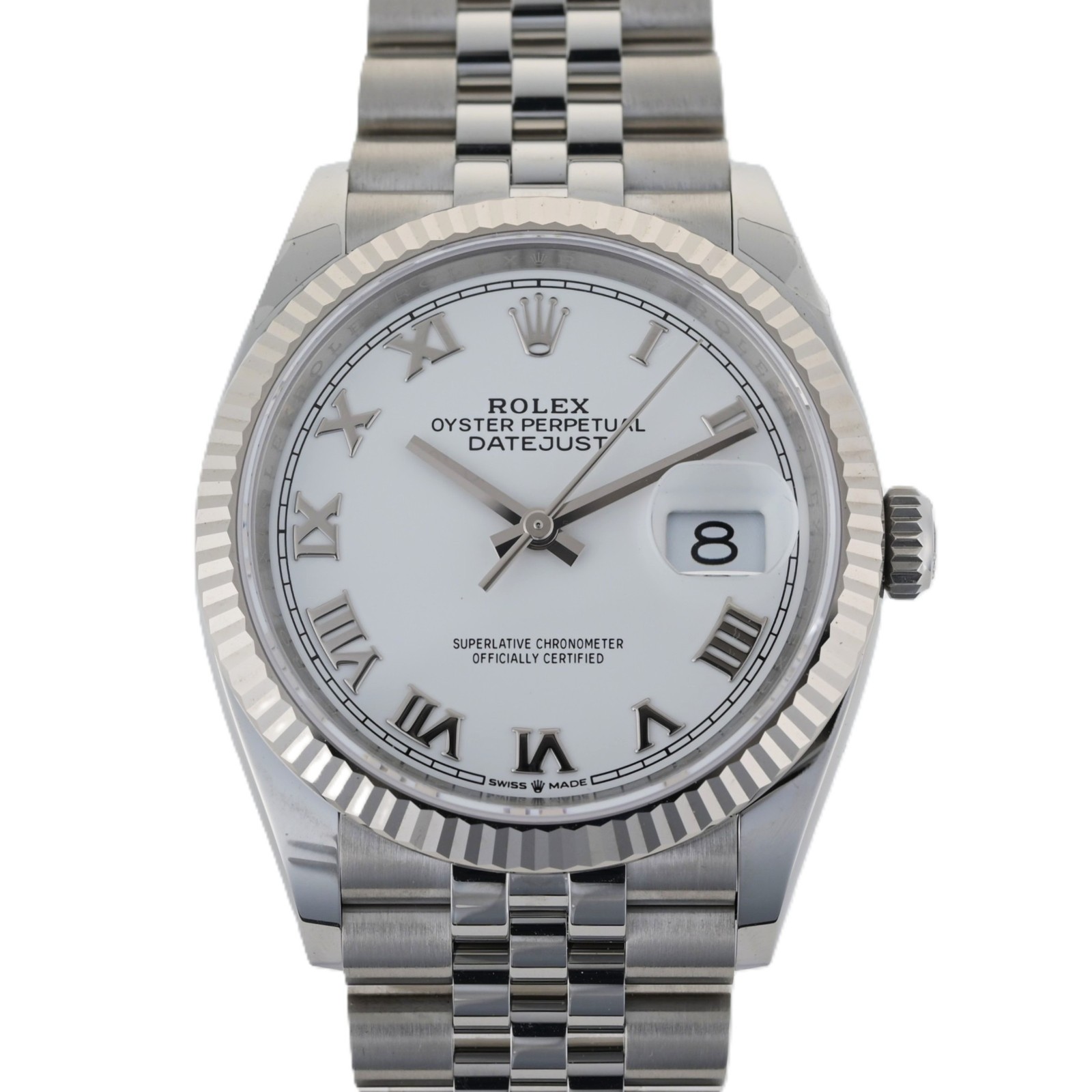 2025 MINT Rolex Datejust 126234 White Roman Jubilee Fluted Bezel 36mm Watch B+P