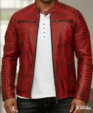 Real Lambskin Mens Red Distressed Leather Jacket Cafe Racer Moto Biker Jacket