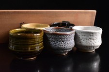 B6087: Japanese Seto-ware Five colors glaze SAKE CUP 5pcs, auto w/signed box