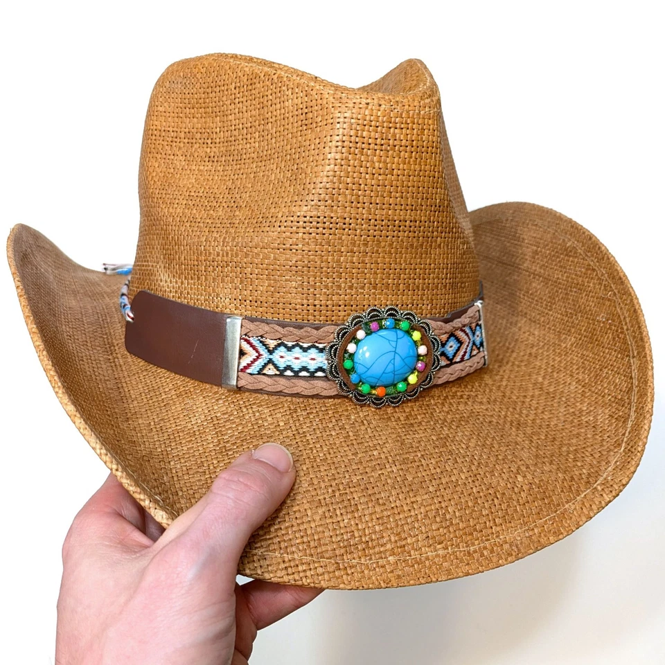 CHAPÉU DE COWBOY PALHA marrom claro com destaque turquesa (tamanho adulto) enviado em uma caixa - Imagem 2 de 4