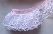 2 inch wide DOUBLE Ruffle white/pink ribbon lace price for 5 yards
