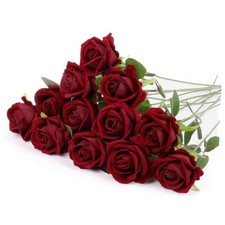 12 Pcs Artificial Rose Flowers Silk Roses with Long Stems, Realistic Dark Red
