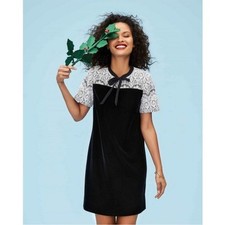 Draper James Winston Velvet Lace Shift Dress Black White Tie Neck Sz 8