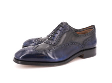  995  SALVATORE FERRAGAMO 11 EEE WING TIP BALMORAL TRAMEZZA BLACK BLUE LEATHER