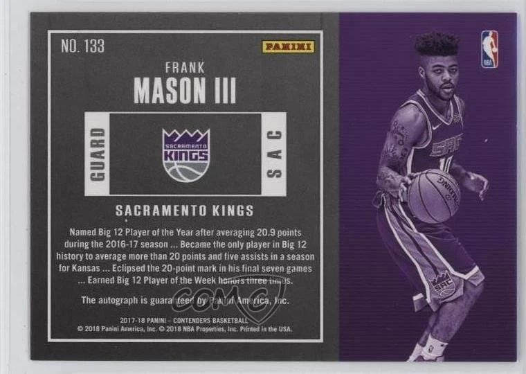 2017 Contenders Ticket Variation /75 Frank Mason III (Horizontal) Rookie Auto RC - Image 2 of 2
