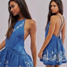 Free People Deserted Island Mini Dress Indigo Blue Medium Spring Break Beach NWT