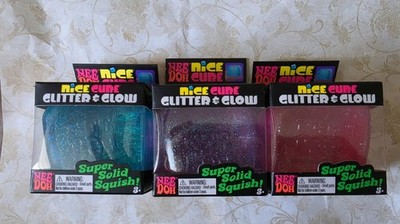 NeeDoh Nice Cube Glitter & Glow Super Solid Squish Gel Squeeze 3in LOT of 3, NEW