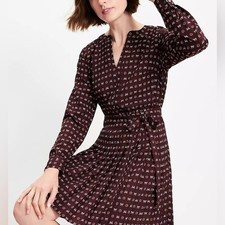 LOFT Petite Bow Pleated Mini Burgundy Geometric Long Sleeve Dress