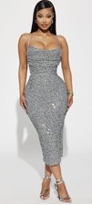 Fashion Nova Charlotte Silver Sequin Slinky Padded Formal Dress NWT Sz: L 