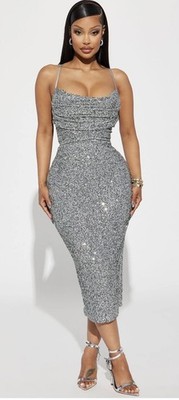Fashion Nova Charlotte Silver Sequin Slinky Padded Formal Dress NWT Sz: L |  eBay