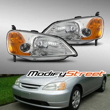 Fit 2001-2003 Honda CIVIC Chrome Clear Lens Headlights Pair Replacement Assembly