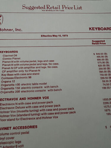 Teclados Hohner 1973 lista de precios Clavinet D6 Pianet Contessa catálogo folletos - Imagen 11 de 11