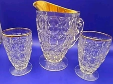 Jeannette Glass Thumbprint Depression Gold-rimmed Pitcher, 2 Glasses Beautiful