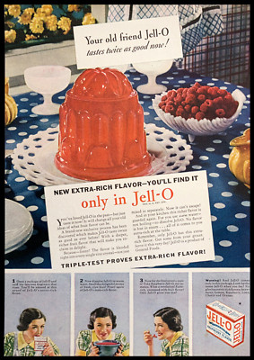 1935 JELL-O Red Raspberry Dessert on Lace Plate Kitchen Decor Vtg PRINT AD