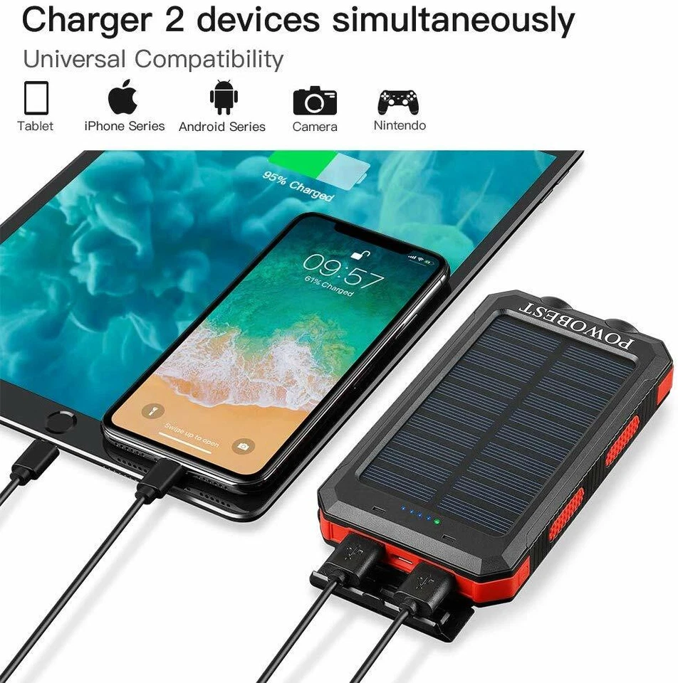 Dual USB Portable Charger Solar Power Bank, Waterproof,Flashlight & Compass - Image 3 of 4