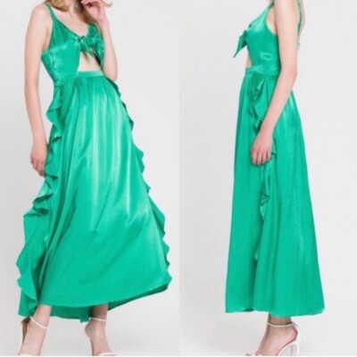 NWT Endless Rose Kelly Green Satin Keyhole Flutter Ruffle Maxi Dress Medium  | eBay